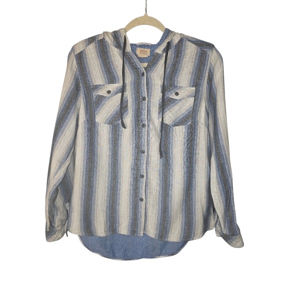 Boston Traders Blue and Gray Striped Cotton "Shacket" Hoodie Med Button Front